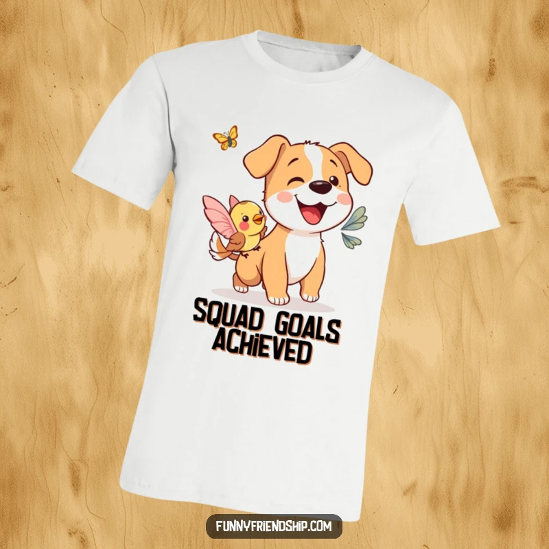 Funny T-shirt: a joyful dog and a spirited bird playfully chasing a butterfly in a sunny field.
