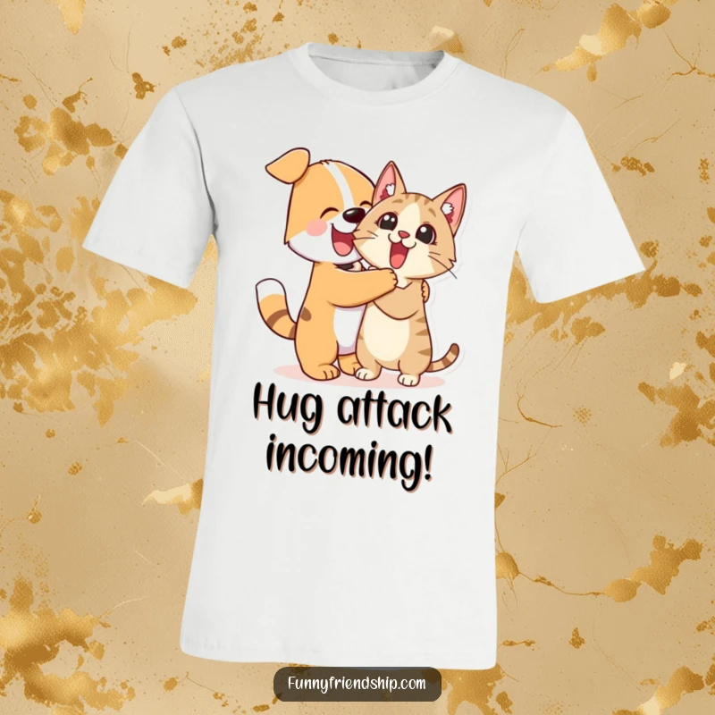 Funny T-Shirt: Enthusiastic dog character hugging a very surprised cat character, a delightful and humorous depiction of pet friendships.