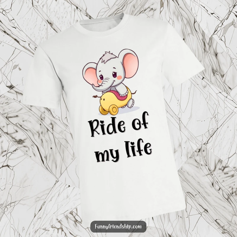 Funny T-Shirt: A playful elephant character offering a ride on its trunk, symbolizing adventure and exciting journeys.