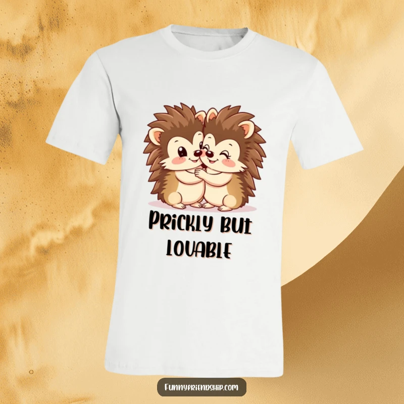 Funny Hedgehog Hug T-Shirt: Two cute hedgehogs in a tight embrace, smiling warmly, representing friendship and love, a funny gift.