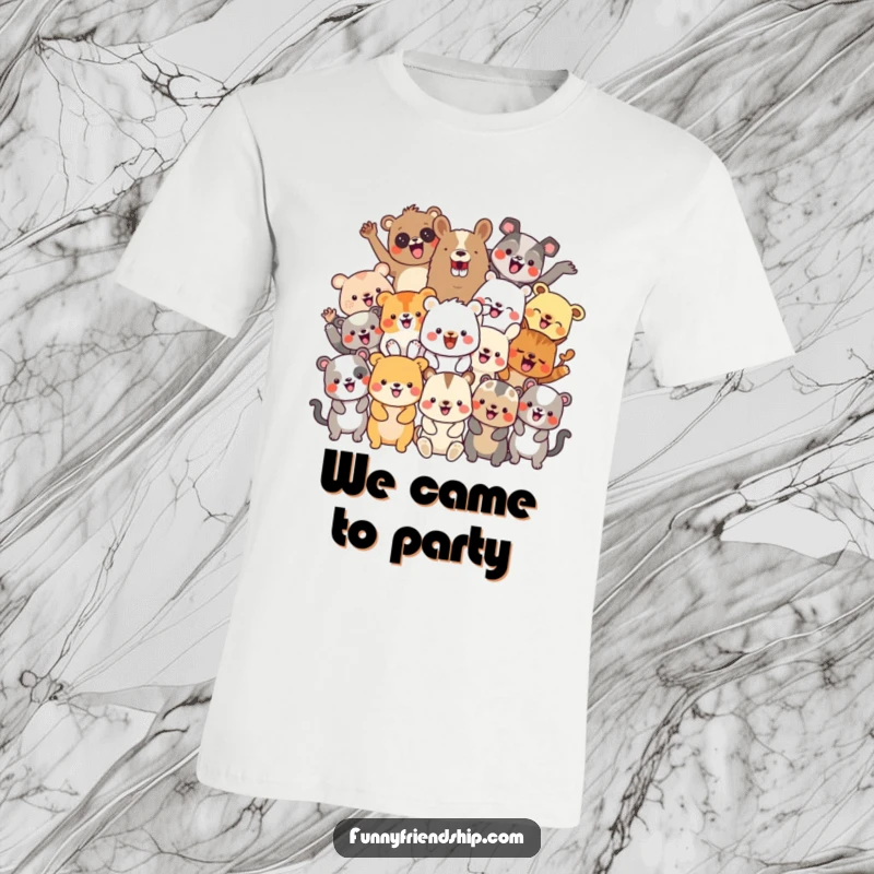 Funny t-shirt with a diverse group of cheerful animal characters celebrating, depicting a joyous and inclusive party scene.