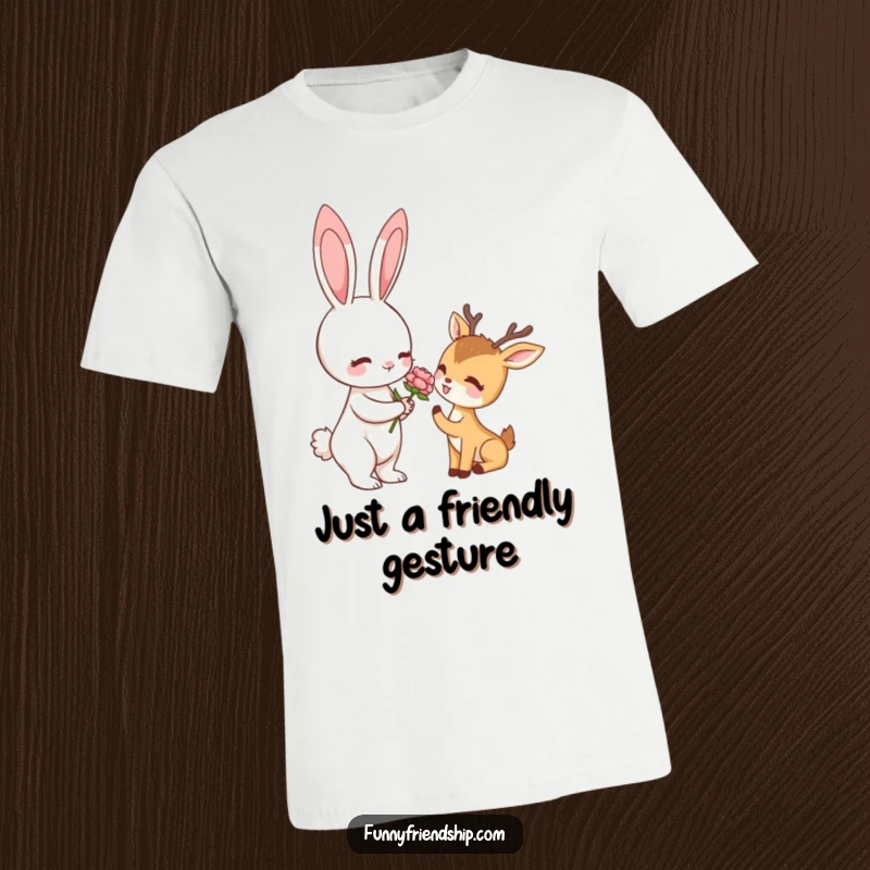 Funny t-shirt depicting a rabbit giving a flower to a deer, showcasing a sweet and humorous woodland scene.