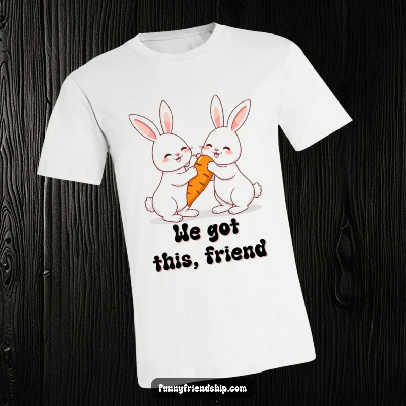 Funny rabbits high-fiving over a giant carrot t-shirt, a graphic tee celebrating teamwork and success.