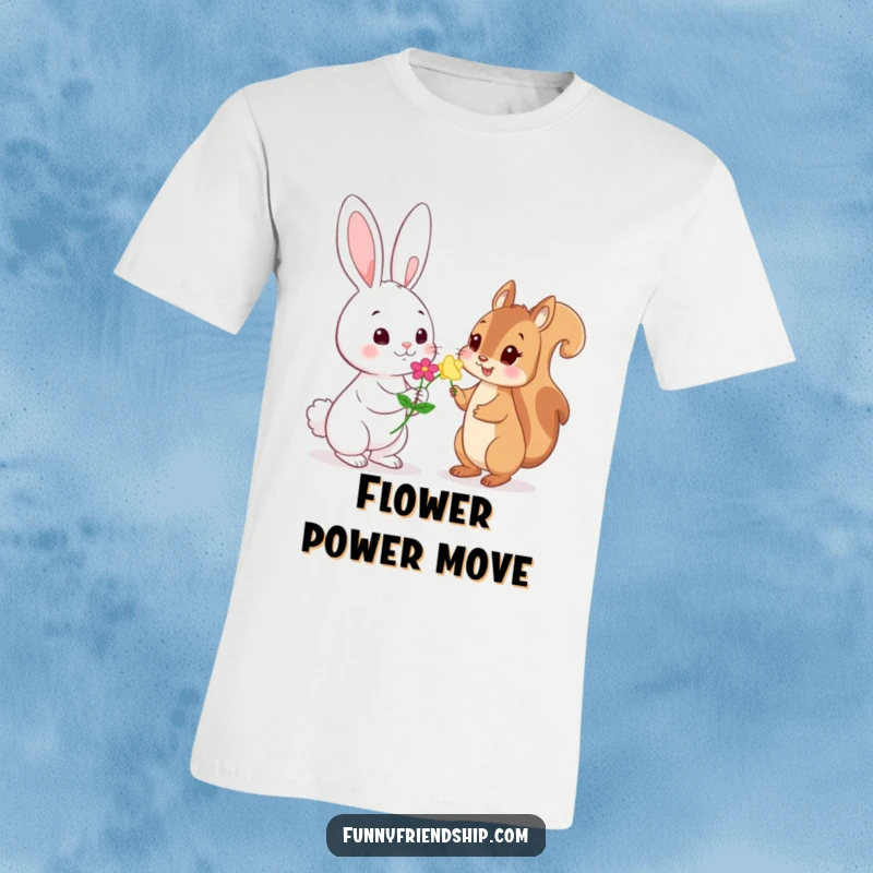 Funny T-Shirt: Playful rabbit character offers a flower to a shy squirrel character, a charming and humorous woodland illustration.