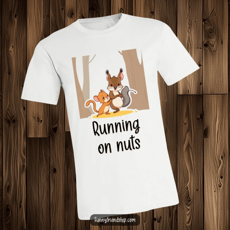 Funny squirrel and mouse characters playing tag, a humorous and dynamic cartoon t-shirt for active fun.