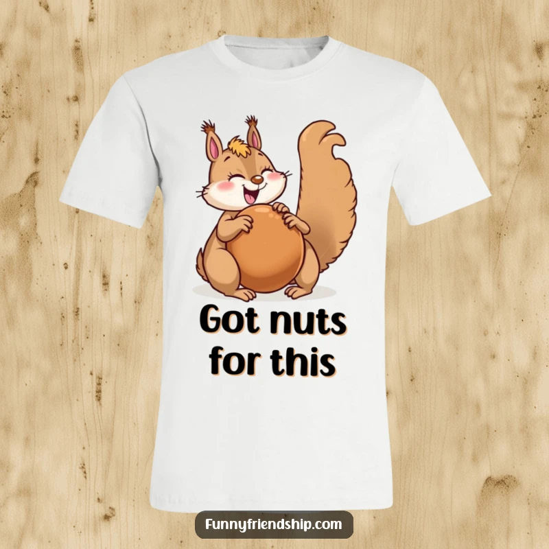 Funny squirrel character t-shirt depicting a joyful squirrel sharing a large nut with a happy companion, celebrating friendship.