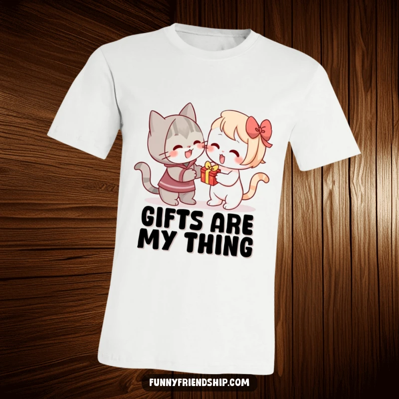 Funny t-shirt with a cat enthusiastically presenting a small gift to another character, perfect for cat lovers.