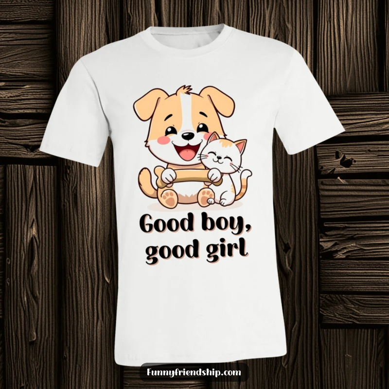 Funny Dog and Cat Bone Sharing T-Shirt: Dog and cat happily sharing a bone, a humorous depiction of pet friendship, a funny gift.
