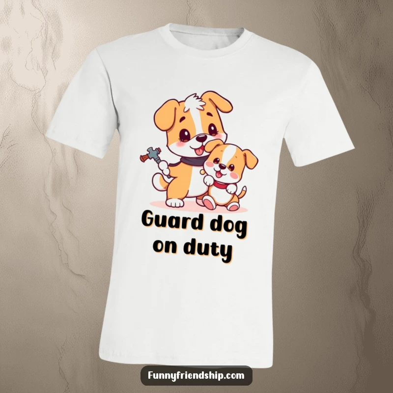 Funny dog t-shirt with a loyal dog protecting a tiny, playful puppy, showcasing devotion and a humorous bond.