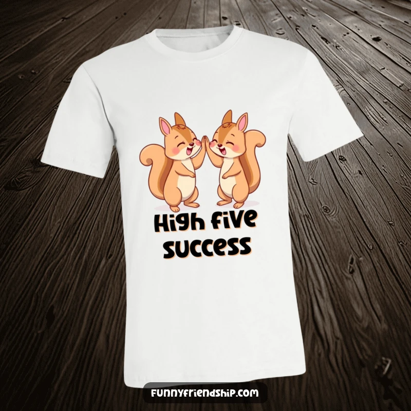 Funny t-shirt with two squirrel characters celebrating with a spirited high five, capturing joy and teamwork.