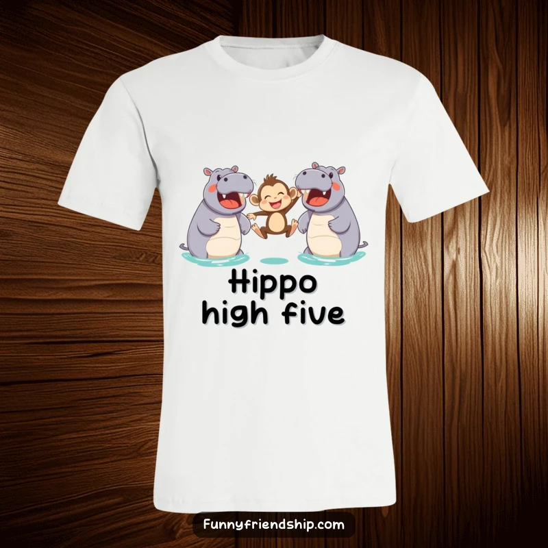 Funny t-shirt with a joyful monkey leaping dynamically between two happy, friendly hippos, an illustration of pure, acrobatic animal joy.