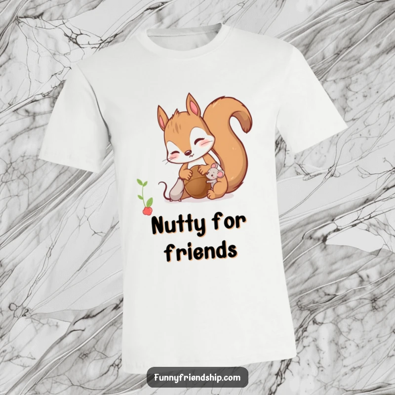 Funny T-Shirt: A curious squirrel character offering a nut to a tiny mouse, symbolizing friendship and generosity.