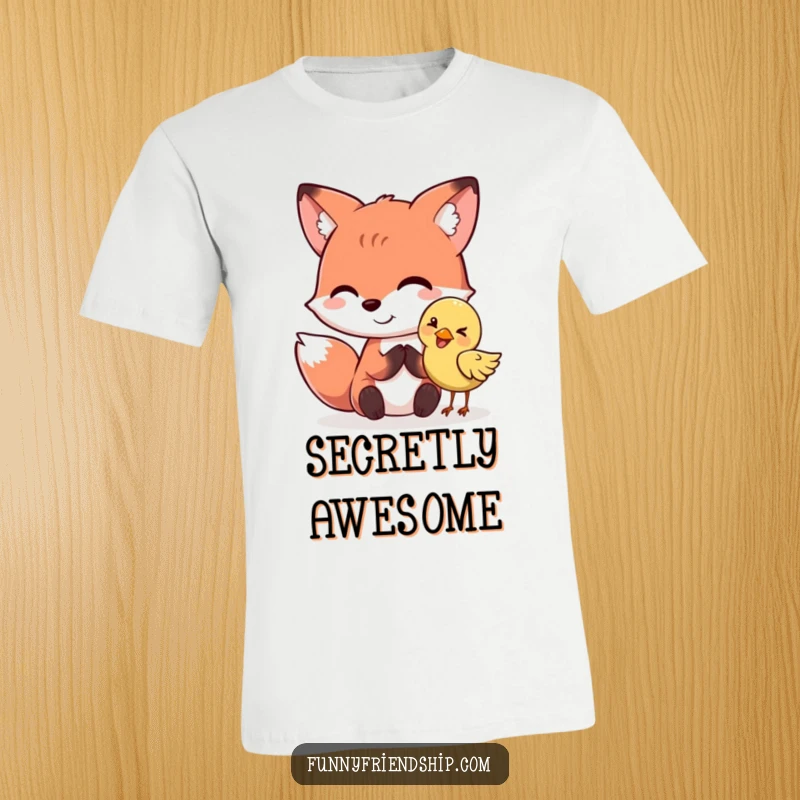 Funny fox character whispering a secret to a giggling bird on a t-shirt. A funny gift.