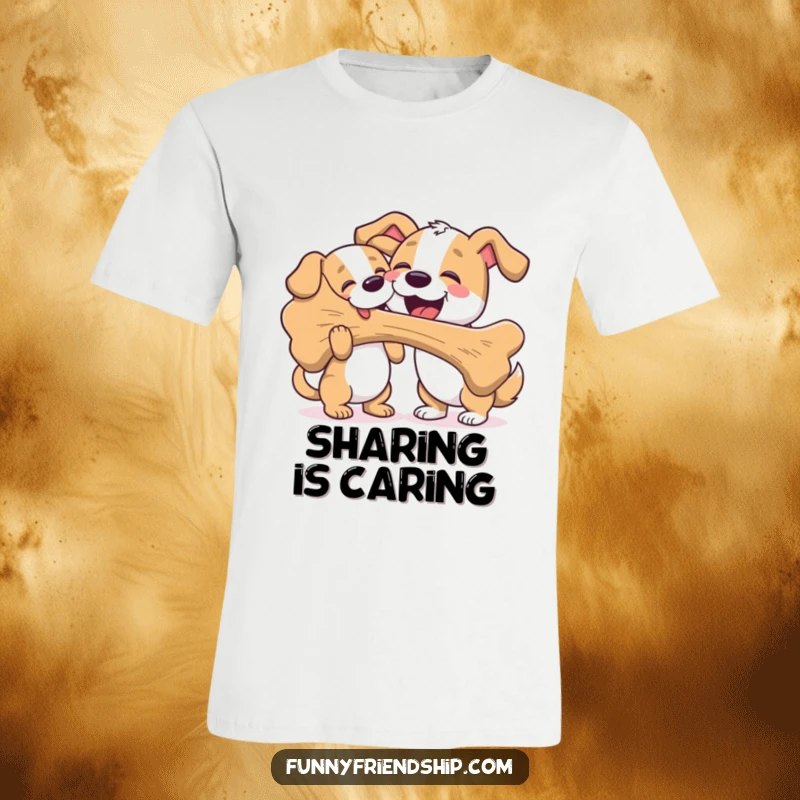 Funny t-shirt featuring a friendly dog enthusiastically sharing a huge bone with a companion dog, highlighting generosity and fun.