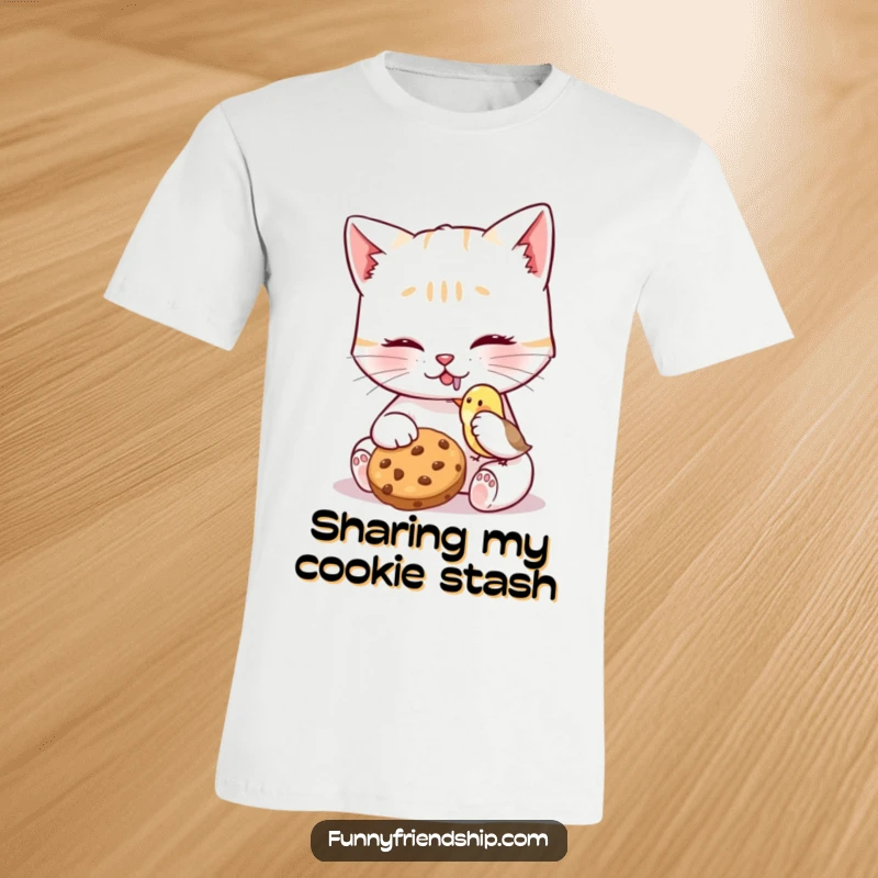 Funny Cat Bird Cookie T-Shirt depicting a cat character generously sharing a cookie with a tiny bird, highlighting themes of kindness and friendship.