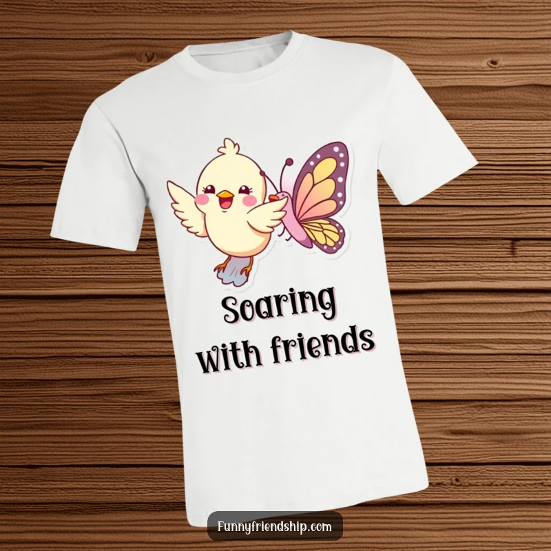 Funny t-shirt with a bird and butterfly flying together joyfully, representing freedom and harmonious movement.