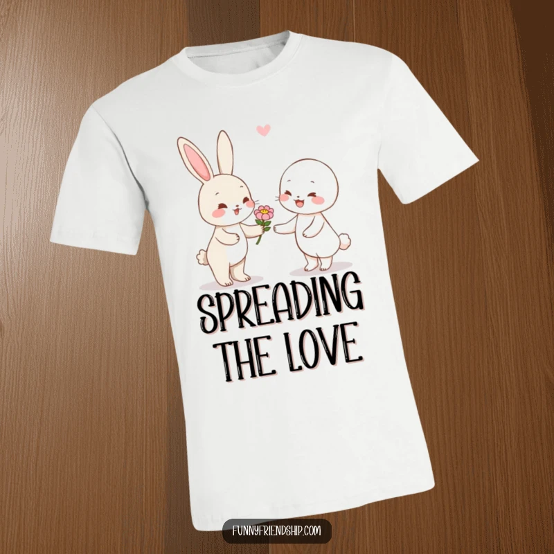 Funny rabbit character t-shirt with a cute bunny giving a flower to a smiling companion, celebrating friendship.