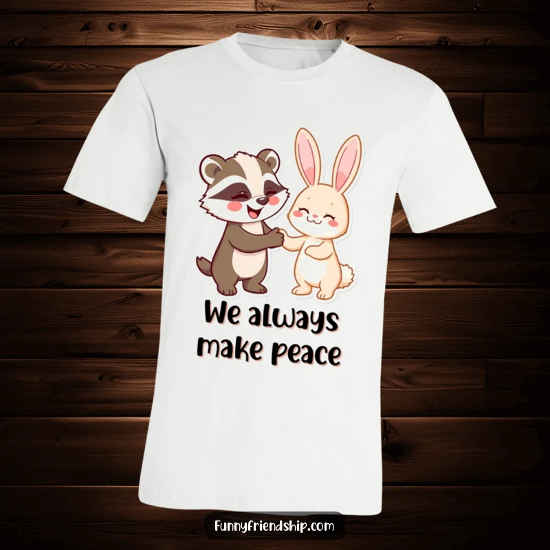Funny t-shirt with a cheerful badger and rabbit shaking hands, representing a funny agreement or alliance.