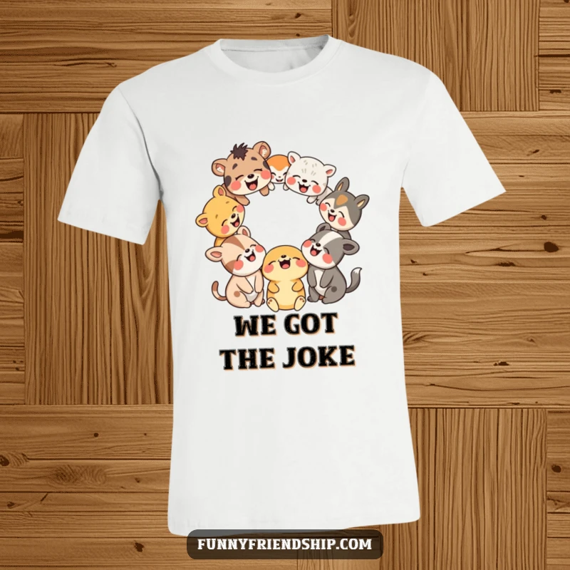 Funny t-shirt showcasing a group of happy animals in a circle, bursting with laughter. Ideal for casual wear.