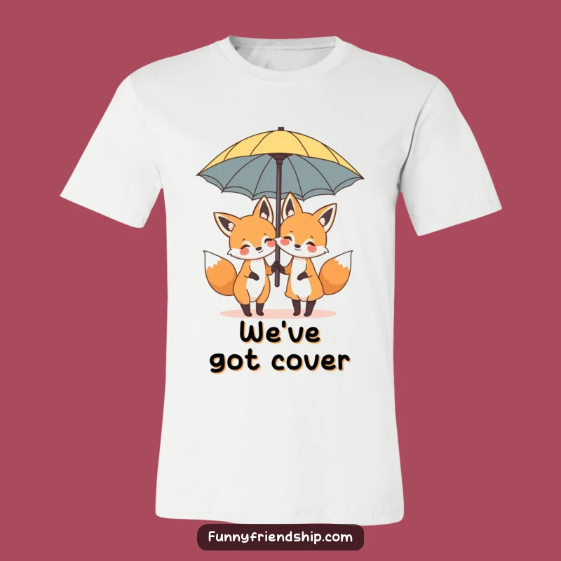 Funny Fox Umbrella T-Shirt: Cute Cartoon Duo Sharing Shelter, Humorous Gift