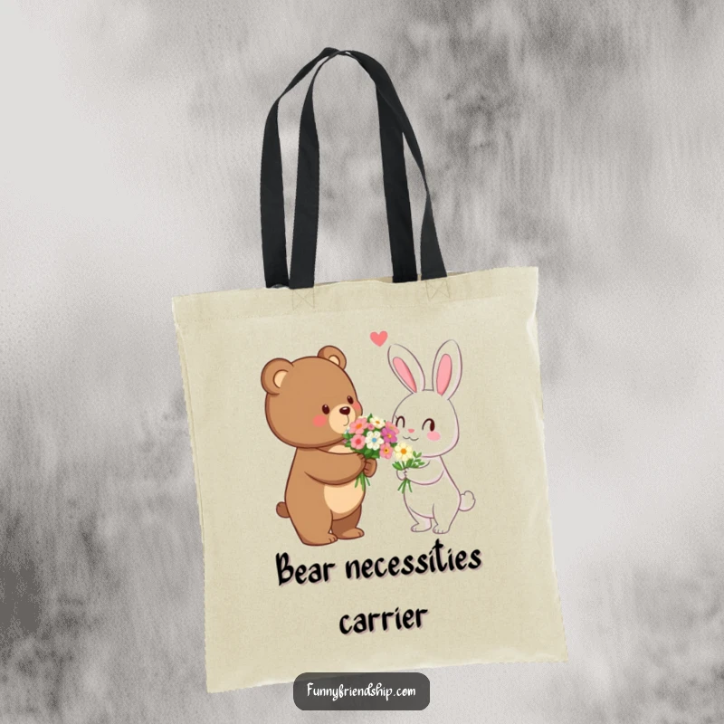 Funny bear carrying flowers towards a rabbit on a tote bag, illustrating a sweet and humorous romantic gesture for everyday use.