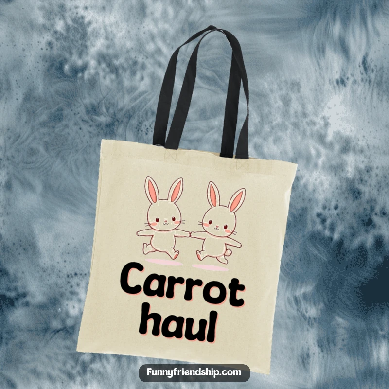Funny tote bag showcasing two cheerful bunny characters skipping playfully while holding hands, perfect for carrying everyday items.