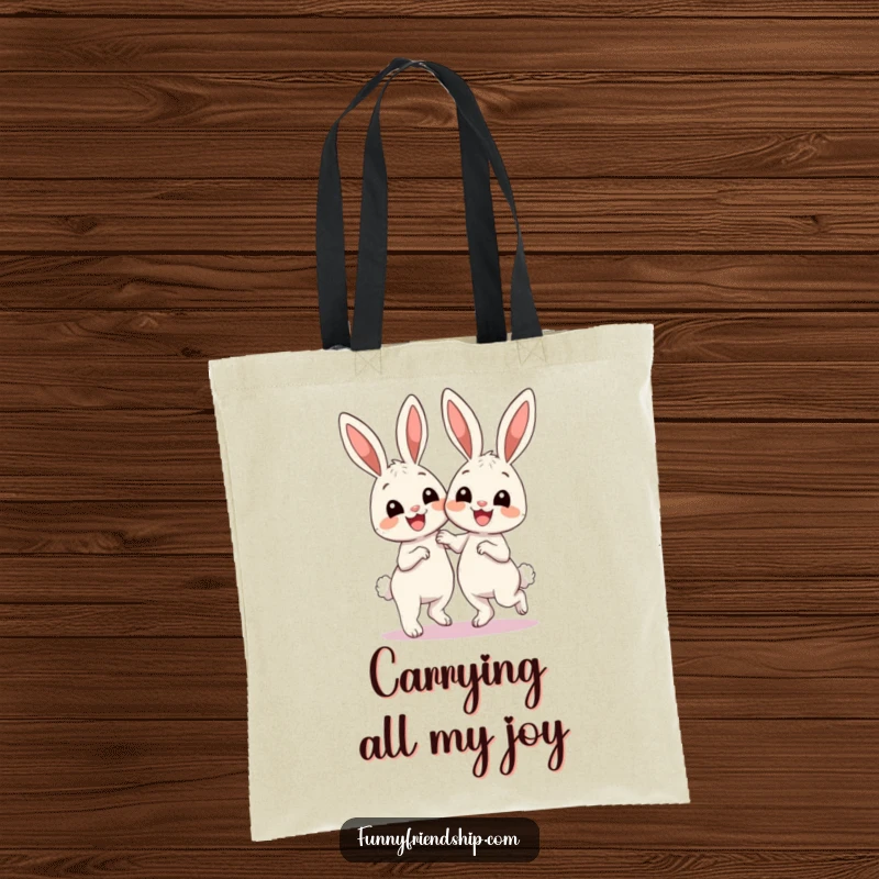 Funny Tote Bag: Two cute smiling bunnies twirling happily, an energetic and joyful dance perfect for carrying daily essentials.