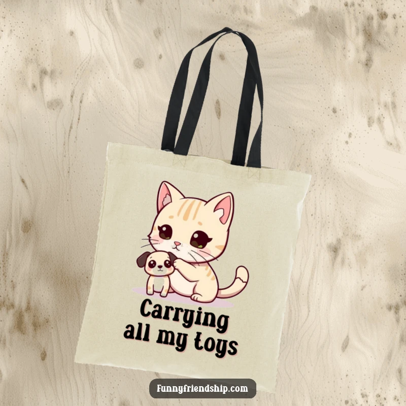 Funny Tote Bag illustrating a cat playfully tagging a dog, perfect for carrying essentials with a touch of pet-related humor.