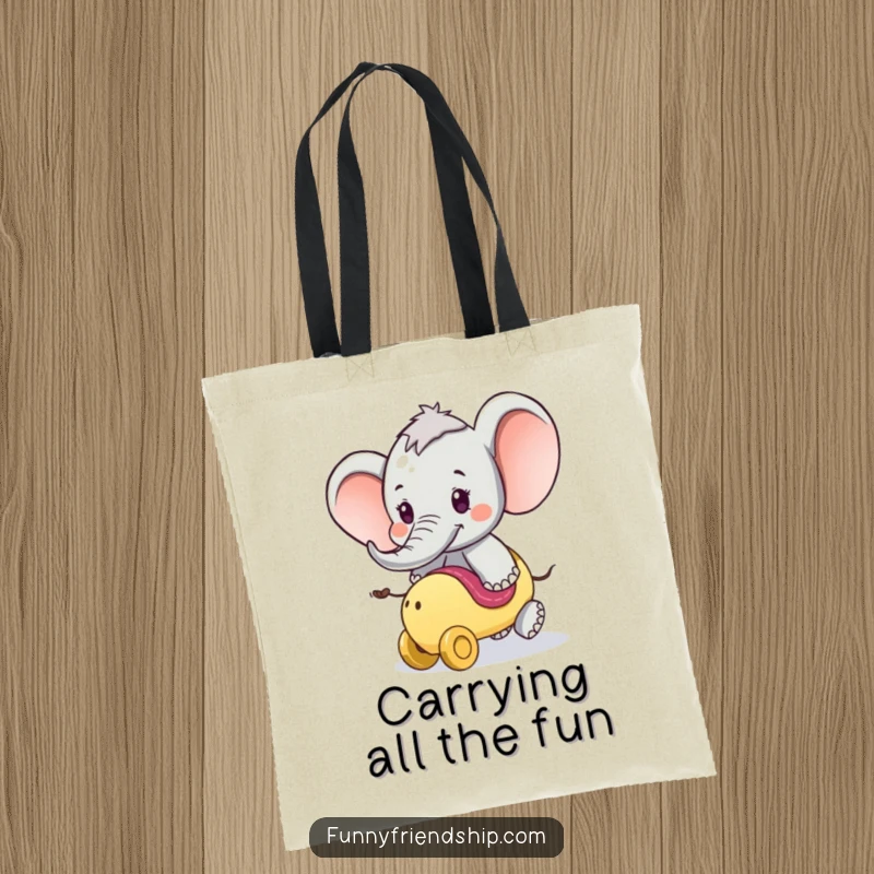 Funny Tote Bag: Playful elephant character offering a ride on its trunk, symbolizing exciting adventures and fun.