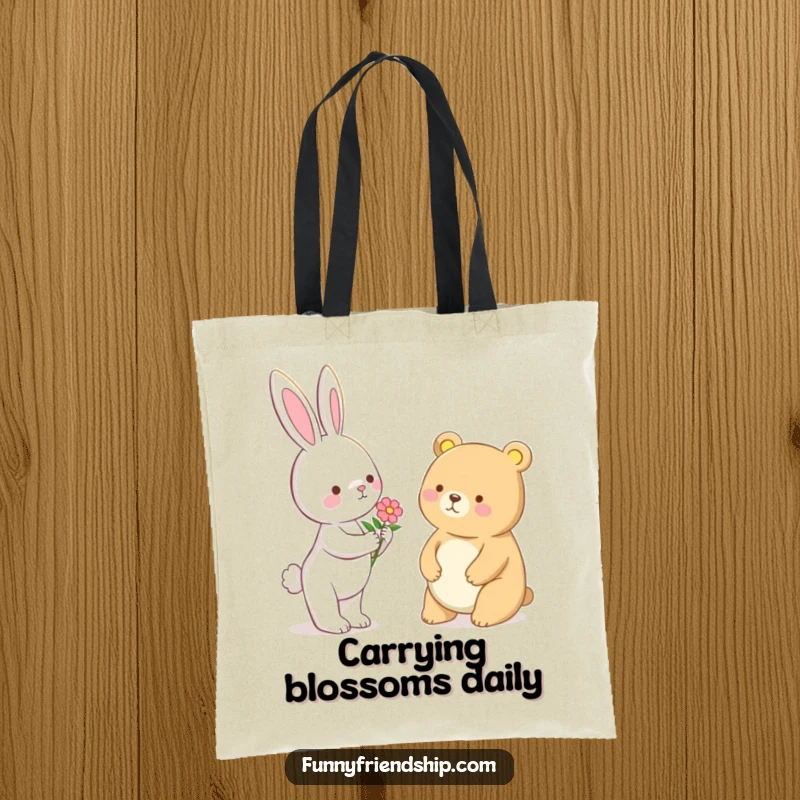 Funny Bunny and Bear Flower Tote Bag: Bunny offers flower to bear, cute and eco-friendly, great for shopping, a funny gift.