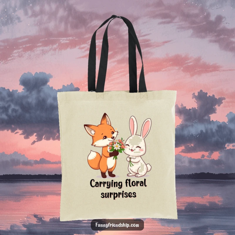 Funny Tote Bag illustrating a fox presenting a flower bouquet to a delighted rabbit, perfect for carrying daily items with a whimsical touch.