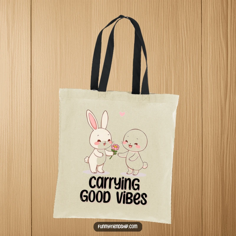 Funny rabbit character tote bag featuring a cute bunny giving a flower to a smiling friend, ideal for daily use.