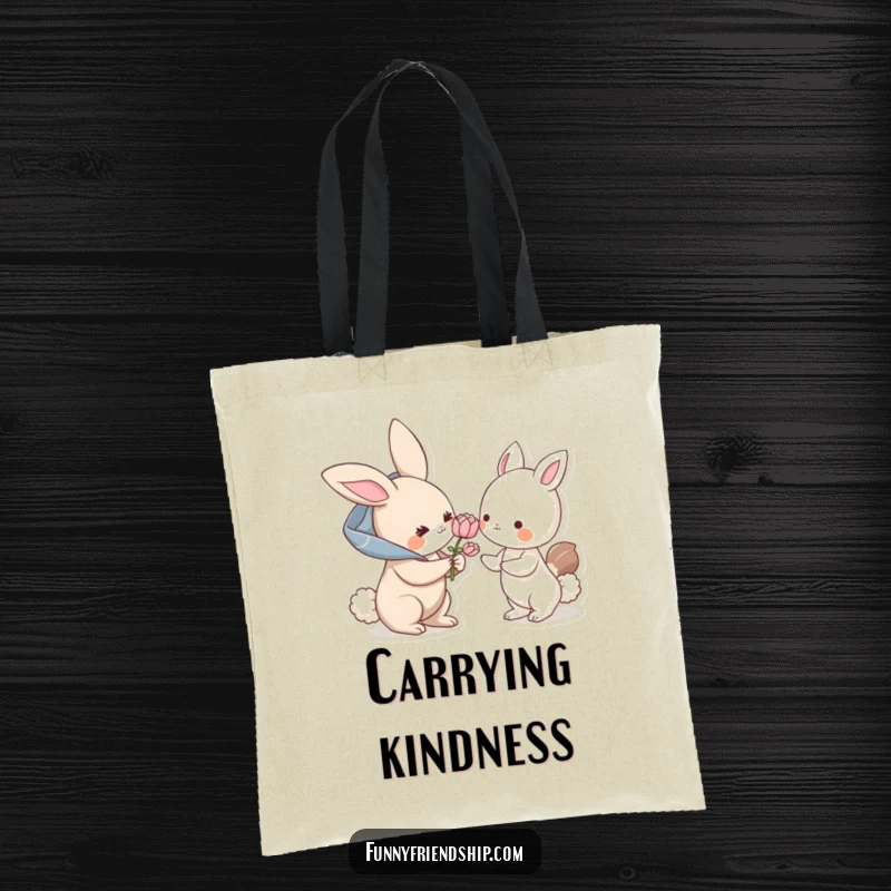 Funny tote bag: a bunny character offers a flower to another animal, a humorous and practical bag promoting kindness and sweetness.