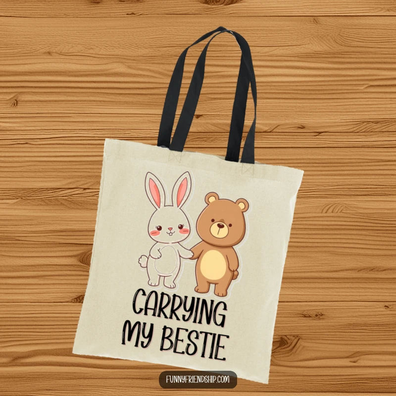 Funny rabbit and bear characters holding hands, a cute and humorous cartoon tote bag carrying friendship vibes.