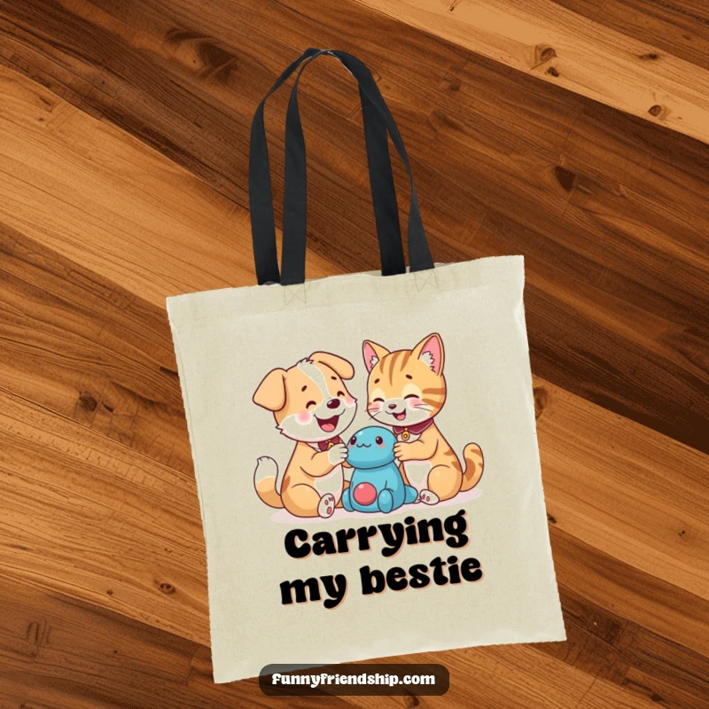 Funny dog and cat characters sharing a toy, illustrated on a sturdy tote bag, representing hilarious pet companionship and a great funny gift.