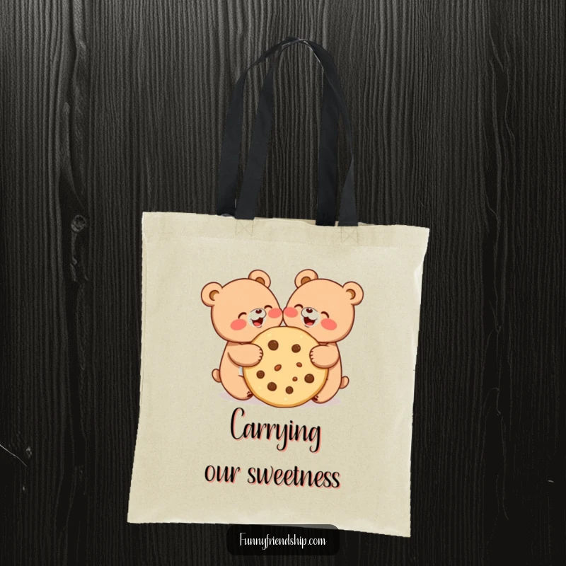 Funny tote bag featuring two cute bears joyfully sharing a giant cookie, perfect for carrying essentials.
