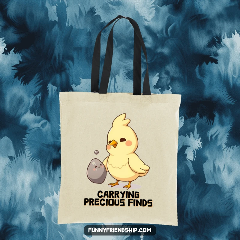 Funny Bird Pebble Gift Tote Bag: Bird presents shiny pebble, cute and practical, perfect for shopping, a funny gift.