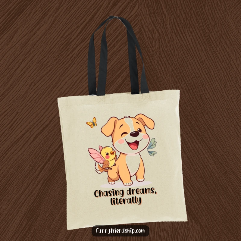 Funny tote bag: a dog and bird excitedly chasing a butterfly, perfect for carrying groceries with humor.