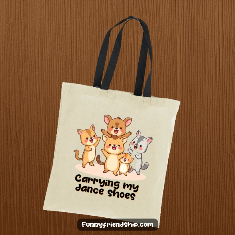 Funny tote bag featuring happy animals doing a circle dance, perfect for carrying items with a lively and humorous flair.