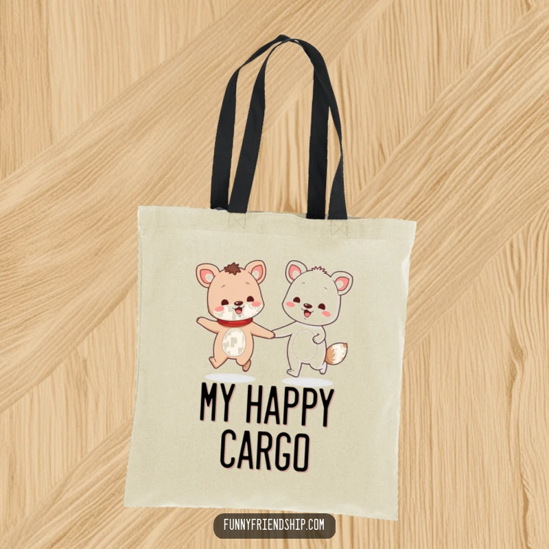 Funny tote bag with two animal characters holding hands and skipping, a sweet and joyful accessory for everyday use.