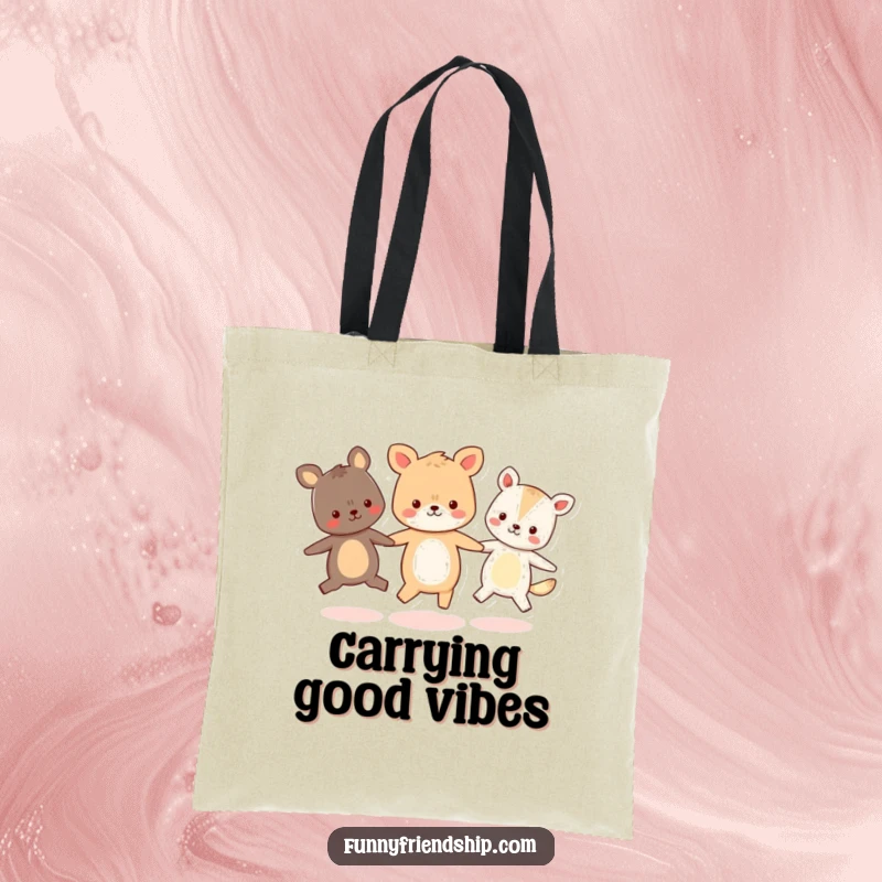 Funny tote bag illustration of three happy animal characters holding hands and skipping in a circle, symbolizing togetherness.