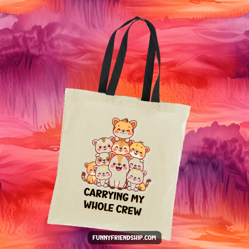 Funny tote bag with a stack of smiling animals forming a pyramid, practical and cheerful for daily use.