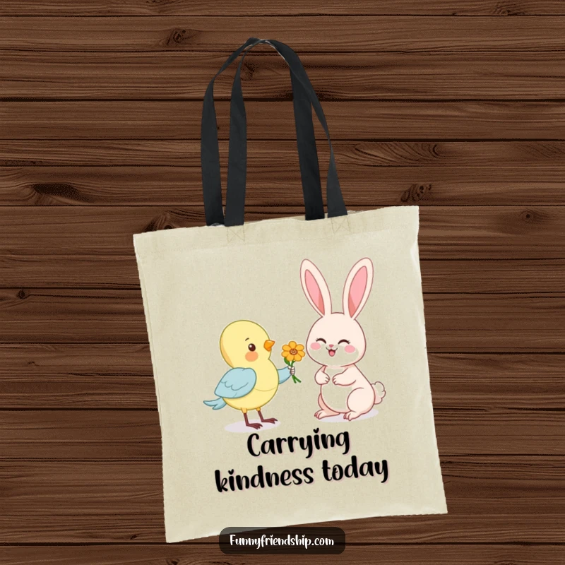 Funny tote bag showcasing a charming cartoon bird offering a flower to a happy rabbit, ideal for daily use.