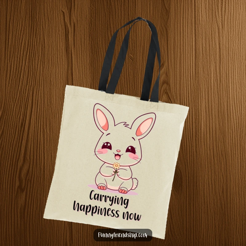 Funny Tote Bag: Cute grinning bunny character holding out a small flower, symbolizing a sweet and friendly gesture.