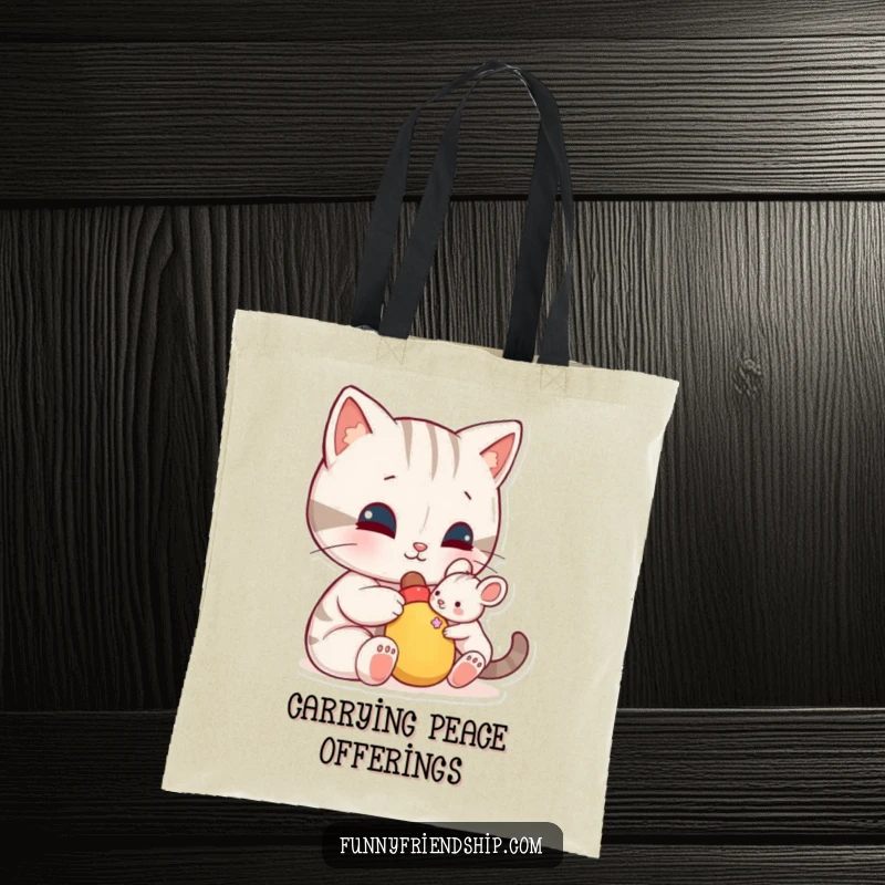 Funny tote bag: a cat character shares a toy with a small mouse, a humorous and practical bag promoting kindness.