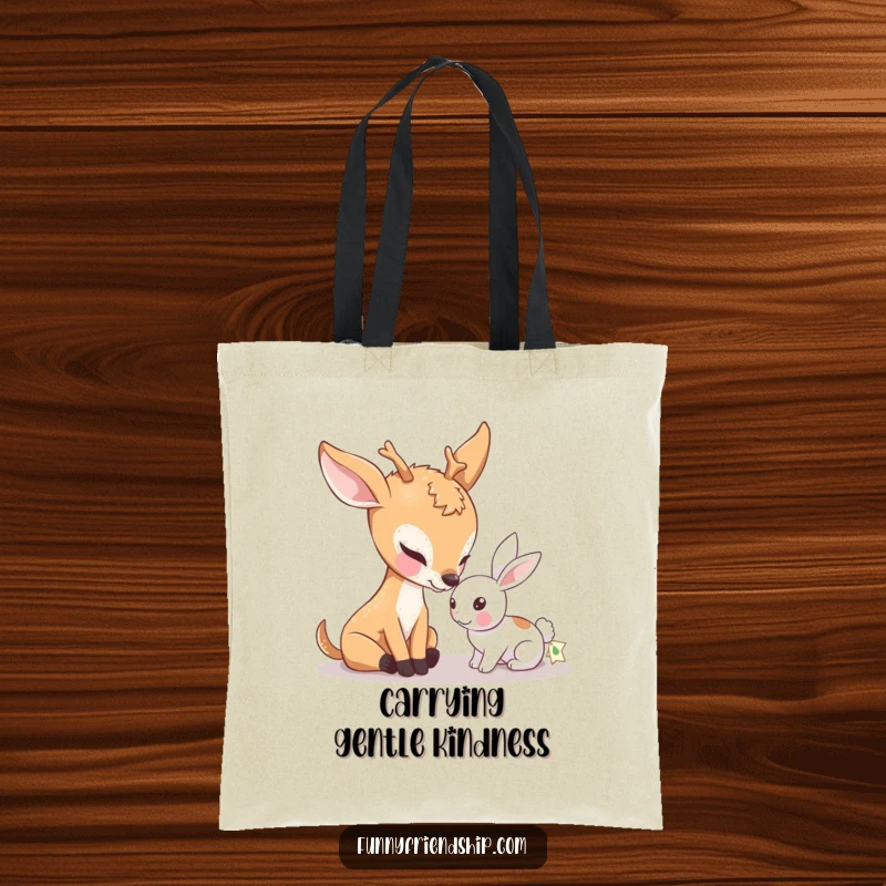 Funny tote bag depicting a gentle deer character nuzzling a small rabbit, conveying warmth, friendship, and a love for nature's sweet moments.