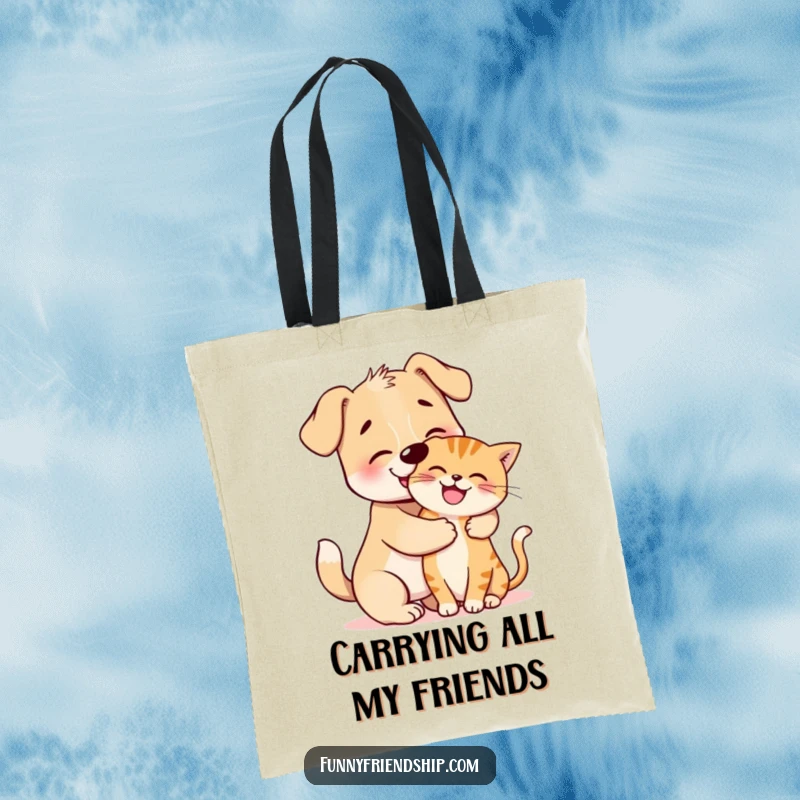 Funny Tote Bag: Charming dog and cat characters sharing a playful hug, symbolizing sweet animal companionship.