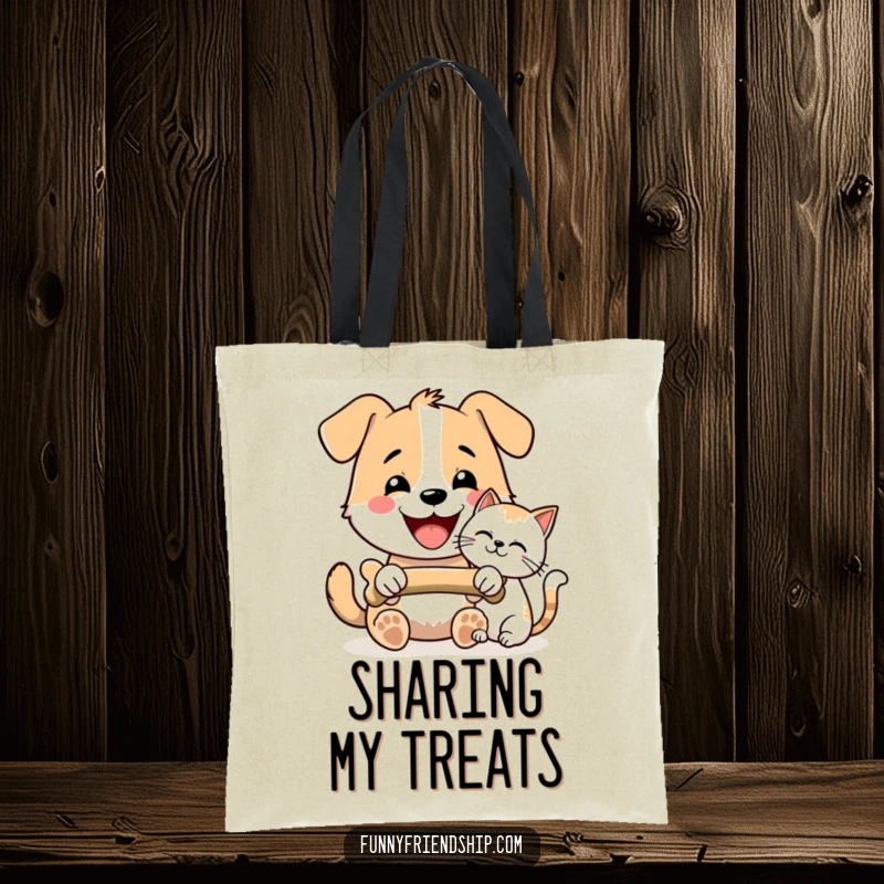 Funny Dog and Cat Bone Sharing Tote Bag: Dog and cat cheerfully sharing a bone, a cute and funny design for everyday use, a funny gift.