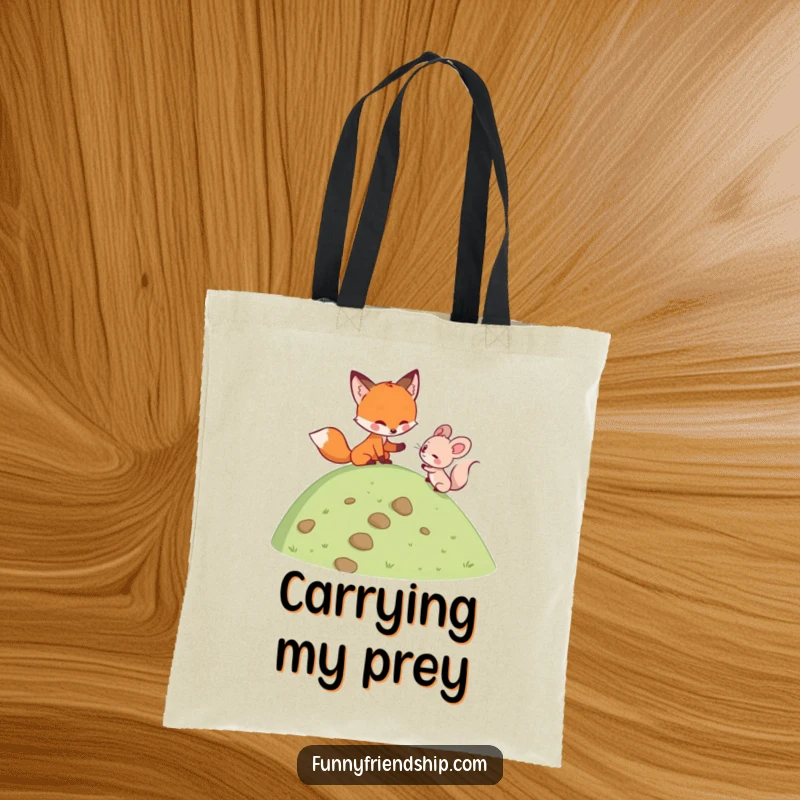 Funny fox helping a mouse climb a hill on a tote bag, symbolizing teamwork and friendship in a practical and humorous design.