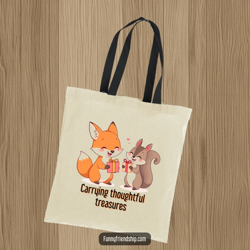 Funny fox and squirrel tote bag exchanging gifts, a charming and practical accessory for carrying presents.